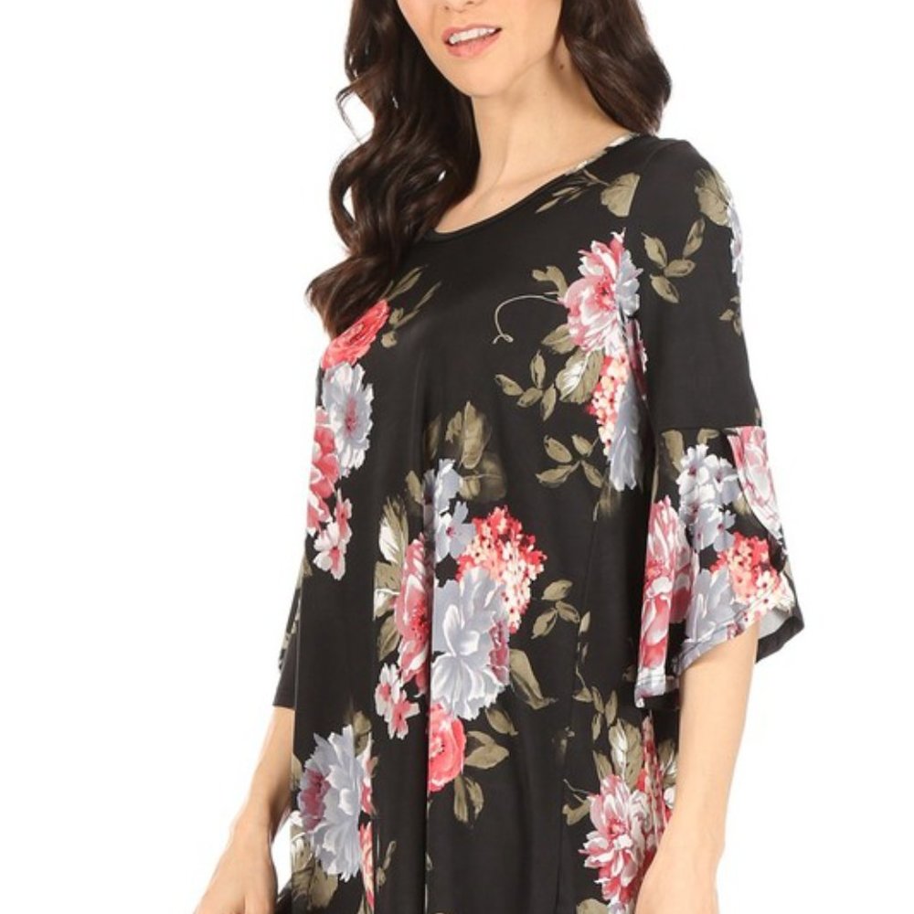 Floral print Round neckline Flounce sleeves